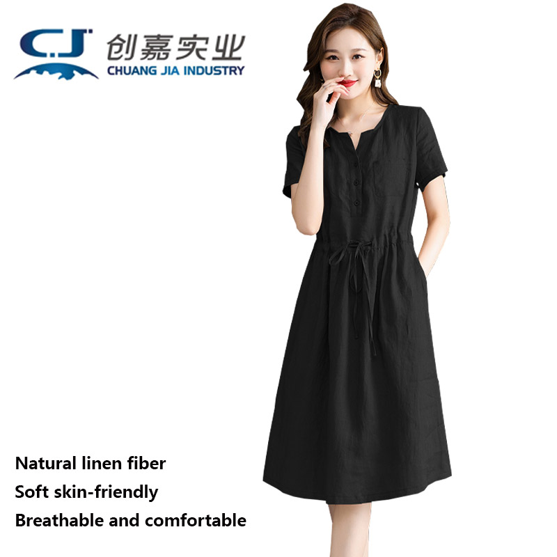 Summer Clothing Drawing - Gaun Linen Murni Wanita Lengan Pendek